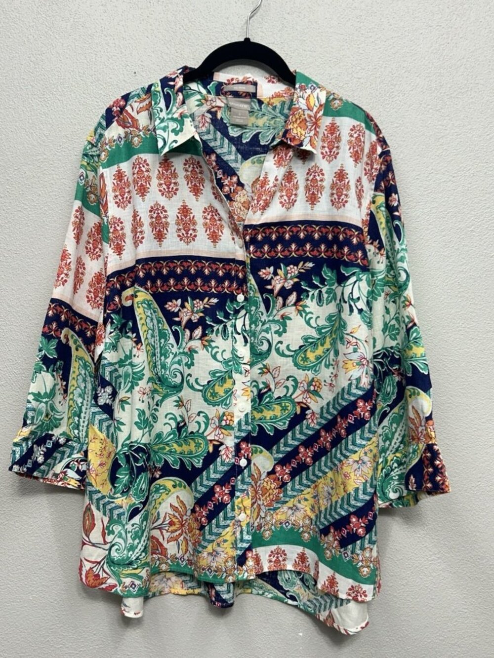 Chico’s No-Iron 100% Linen Paisley Button Front Blouse Shirt Size 4 US 2XL 20/22